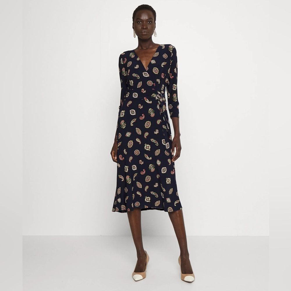 Lauren Ralph Lauren Navy Paisley Midi Dress Size 6 NWT Faux Wrap Stretch Knit - Picture 11 of 11